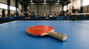 A professional, editorial-style close-up of a high-quality table tennis racket resting on a pristine