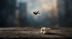 A high-quality, conceptual editorial photograph featuring a surreal juxtaposition of a single fallen