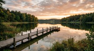 A professional, editorial-style landscape photograph of a serene, crystal-clear lake in the Masurian