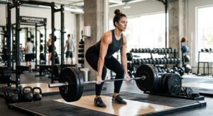 A professional editorial photograph of a focused athlete performing a correct deadlift with a neutra