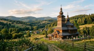 A professional, editorial-style photograph of a sunlit, intricately carved historic wooden church ne