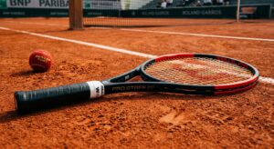 A professional, editorial-style close-up shot of a tennis racket resting on a vibrant, professionall
