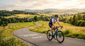 A professional editorial photograph of a cyclist riding a modern bike along a scenic, sun-drenched c
