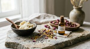 A minimalist, high-end editorial shot of organic skincare ingredients like shea butter, dried flower