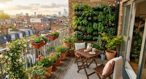A high-angle, professional editorial photograph of a stylish and cozy urban balcony transformed into