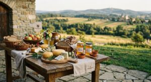 A high-quality editorial photograph featuring a rustic wooden table laden with authentic regional Po