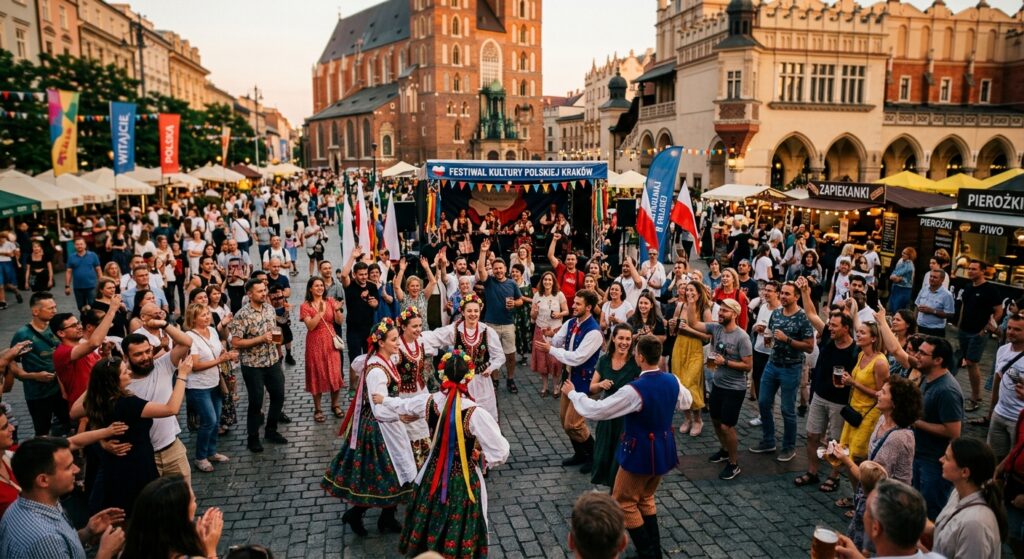 A cinematic, high-angle editorial photograph of a diverse group of people celebrating at a vibrant P