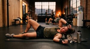 A high-quality editorial photograph of an exhausted athlete resting on a yoga mat in a modern gym, w