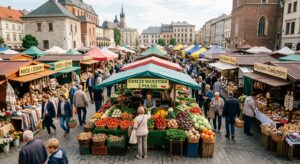 A vibrant, high-angle editorial photograph of a bustling Polish marketplace featuring colorful stall
