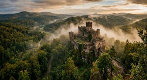 A cinematic, high-angle editorial shot of a mist-covered, abandoned medieval castle ruin nestled in