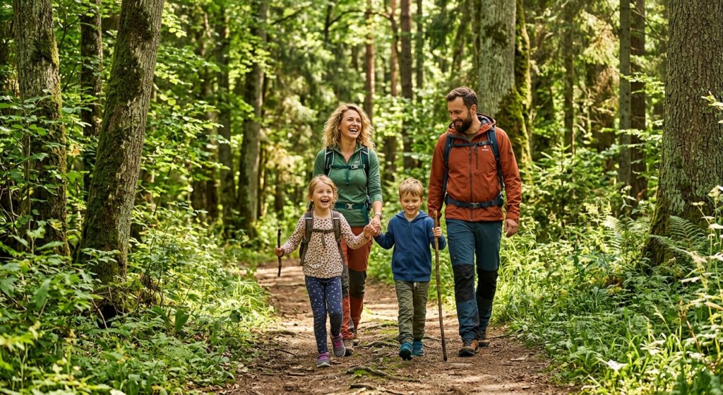 A professional editorial photograph of a joyful family hiking along a scenic trail in the lush, sun-