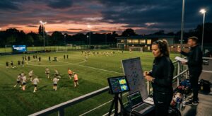 A professional, high-angle editorial photograph of a modern football training pitch at dusk, featuri