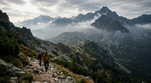 A professional editorial photograph of a scenic, misty landscape in the Polish Tatra Mountains featu