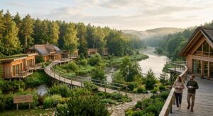 A professional editorial photograph of a scenic, sustainable eco-resort nestled in the lush, green f