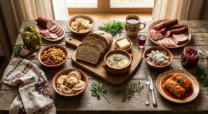 A high-end editorial food photography flat lay featuring a rustic wooden table spread with a variety