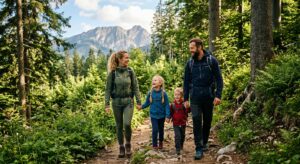A high-quality, editorial-style photograph of a happy Polish family hiking through a lush, sun-drenc