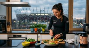 A high-quality editorial photograph of an athletic professional preparing a nutritious, energy-dense