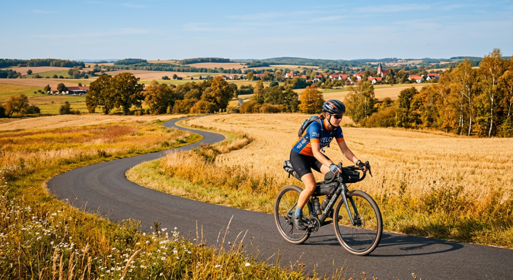 A high-quality editorial photograph of a cyclist riding a modern bike along a picturesque, winding c