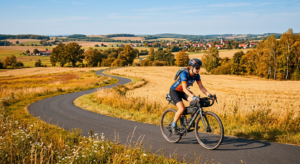 A high-quality editorial photograph of a cyclist riding a modern bike along a picturesque, winding c