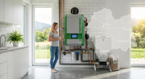 A professional, editorial-style photograph of a modern, eco-friendly heating boiler installed in a b