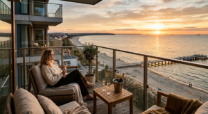 A professional, high-end editorial shot of a modern apartment balcony overlooking a scenic Polish Ba