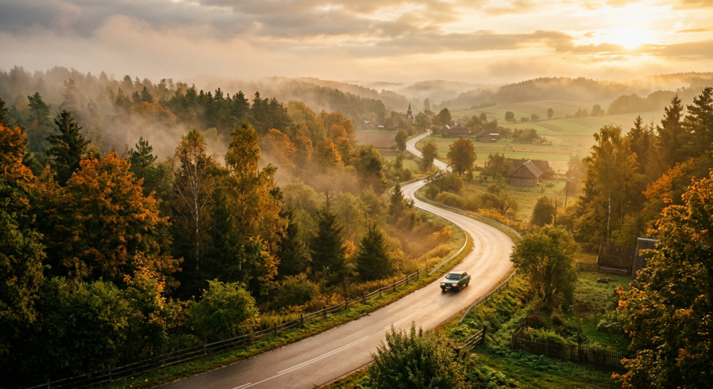 A professional, editorial-style photograph of a scenic, winding road leading through the lush, misty