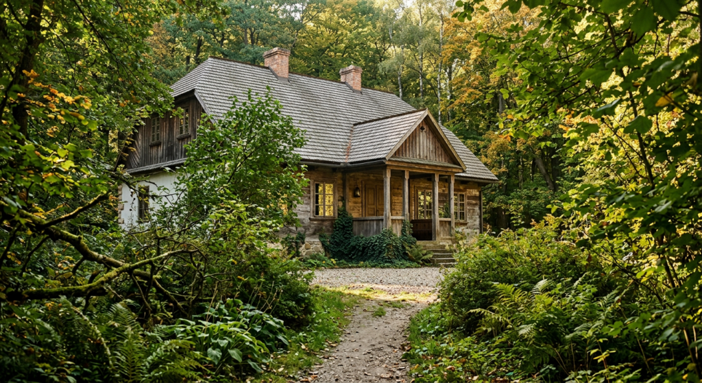 A professional architectural photograph of a hidden, historic 19th-century Polish manor house surrou