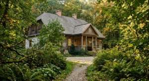 A professional architectural photograph of a hidden, historic 19th-century Polish manor house surrou