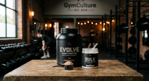 A high-quality, professional editorial shot of a clean gym setting featuring an open container of wh