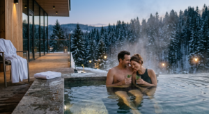 A professional, atmospheric editorial photograph of a couple relaxing in a luxurious thermal pool at