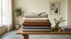 A high-quality editorial photograph featuring a neatly organized stack of premium-texture linen and