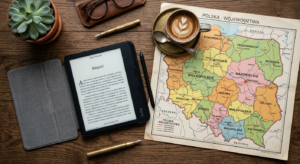 A sleek, professional flat-lay composition showing a modern e-reader resting on a wooden desk next t