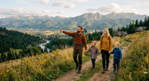 A high-quality editorial photograph of a happy family exploring a scenic, picturesque landscape in a