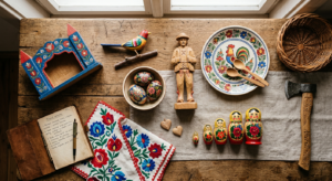 A professional, cinematic flat-lay shot of artisanal handmade Polish crafts and wooden folk art obje
