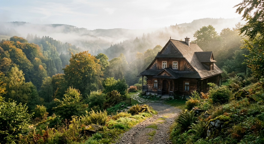 A cinematic, editorial-style photograph of a sunlit, historic wooden manor tucked away in a lush, mi