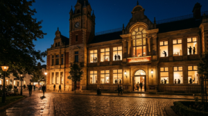 A cinematic, wide-angle shot of a historic regional museum building illuminated at night, with warm