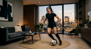 A professional, cinematic shot of a focused young athlete practicing soccer ball control in a high-e