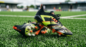 A professional, editorial-style close-up shot of modern artificial grass soccer cleats resting on a