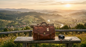 A professional editorial-style shot of a vintage leather travel bag resting on a wooden bench overlo