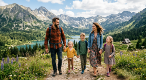 A high-quality editorial photograph of a happy family enjoying a sunny day in a picturesque Polish n
