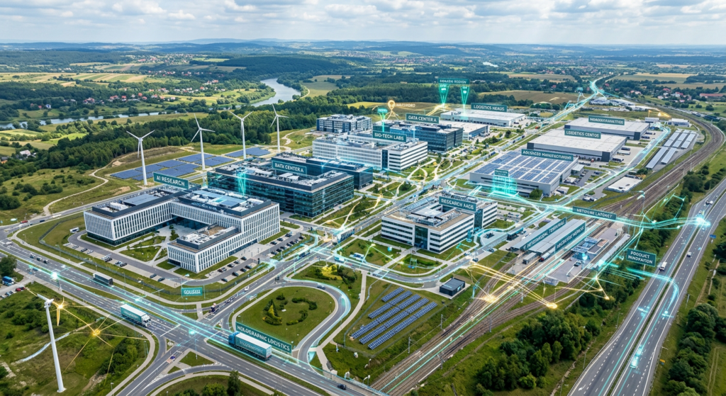 A professional, high-angle aerial view of a modern, interconnected industrial and technological hub
