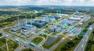 A professional, high-angle aerial view of a modern, interconnected industrial and technological hub
