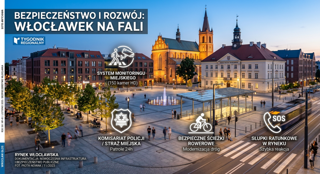 A high-quality editorial photograph featuring a modern Polish town square at dusk, with sleek graphi