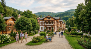 A professional editorial photograph of a picturesque Polish spa town with traditional architecture a