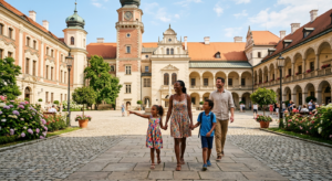 A high-quality, editorial-style photograph of a picturesque Polish castle with a sunny courtyard, fe