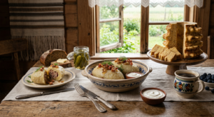 A high-quality, editorial-style photograph of a rustic wooden table set with traditional Podlaskie d