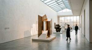 A high-end editorial photograph of a minimalist, sun-drenched contemporary art gallery space featuri