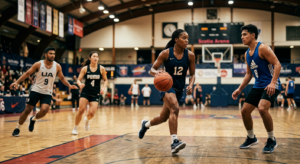 A professional editorial photograph of a diverse group of young, focused athletes training on an ind