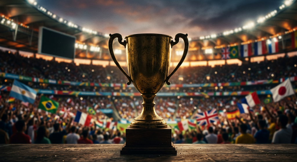 A professional editorial composition featuring a vintage golden trophy silhouette centered against a