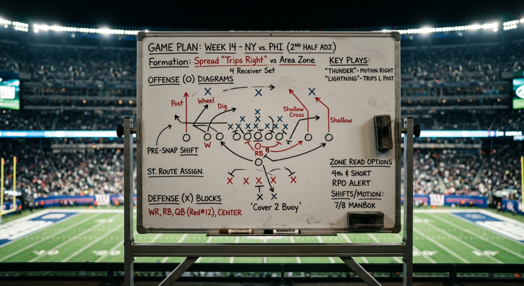 A professional editorial-style photograph featuring a tactical whiteboard with complex football form